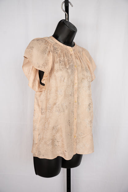 Rebecca Taylor Silk Light Pink w Silver Floral Short Flutter Sleeve Button Up Top