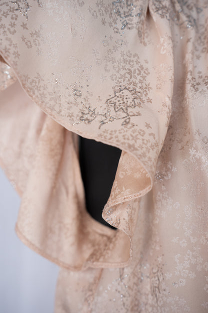 Rebecca Taylor Silk Light Pink w Silver Floral Short Flutter Sleeve Button Up Top