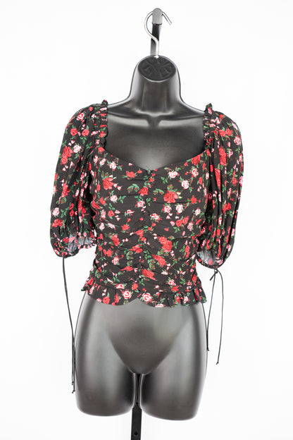 For Love & Lemons Black w Red Roses Half-Puff Sleeve Ruched Crop Top NWT