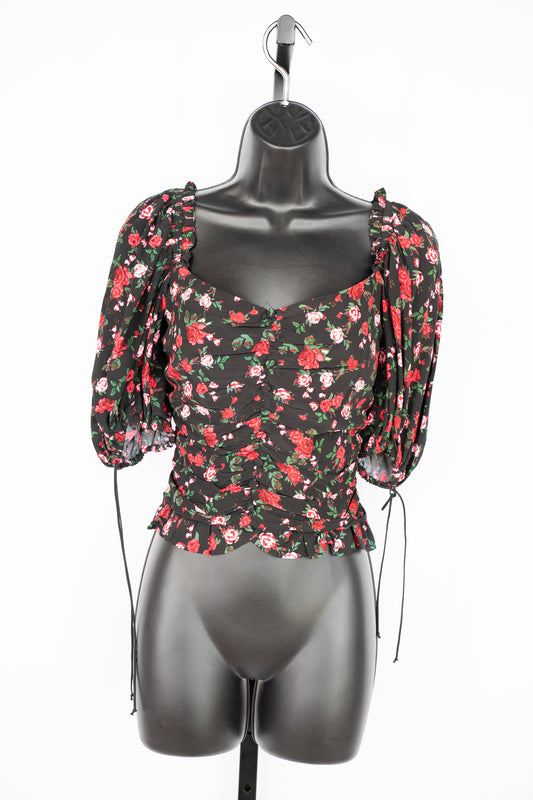 For Love & Lemons Black w Red Roses Half-Puff Sleeve Ruched Crop Top NWT