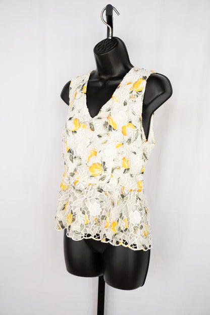 White House Black Market White Crochet Yellow Floral Sleeveless Ruffle Tank