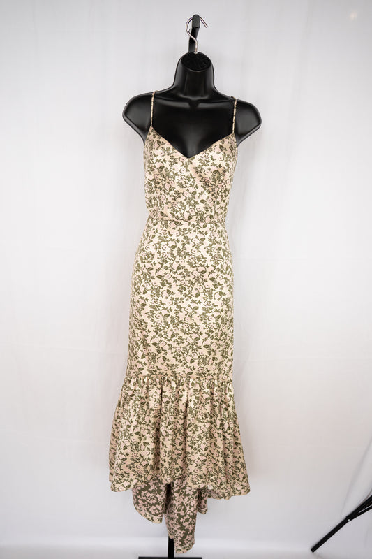 Jill Stuart Cream Green Leaf/Pink Flower Floral Sleeveless V-Neck Ruffle Hem Midi Dress