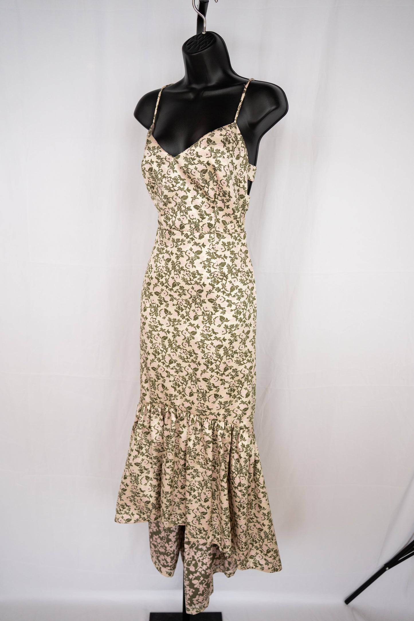 Jill Stuart Cream Green Leaf/Pink Flower Floral Sleeveless V-Neck Ruffle Hem Midi Dress