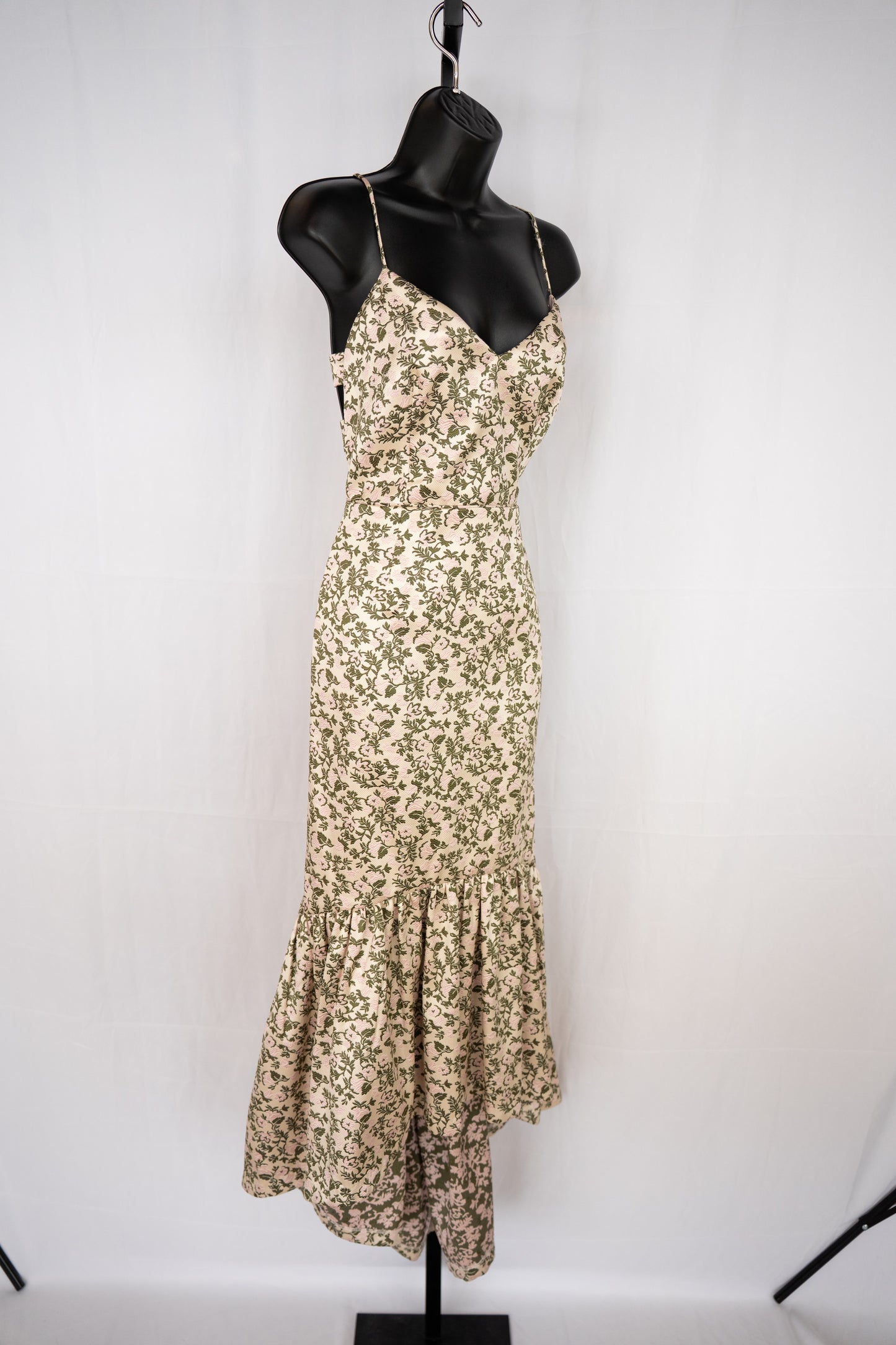 Jill Stuart Cream Green Leaf/Pink Flower Floral Sleeveless V-Neck Ruffle Hem Midi Dress