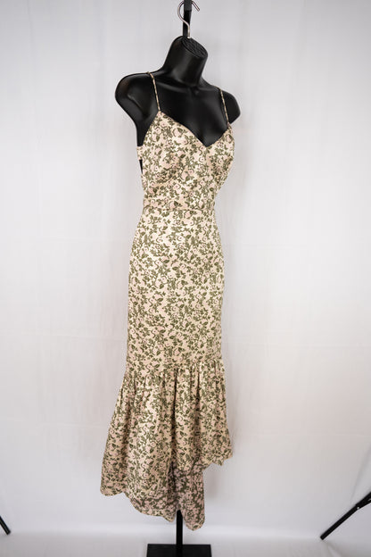 Jill Stuart Cream Green Leaf/Pink Flower Floral Sleeveless V-Neck Ruffle Hem Midi Dress