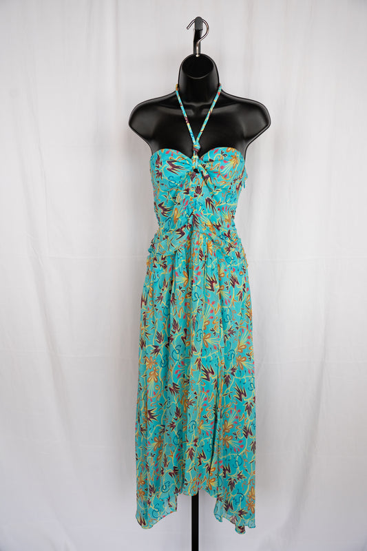 ALC Multi Blue Floral Halter-Neck Smocked Waist Midi Dress NWT