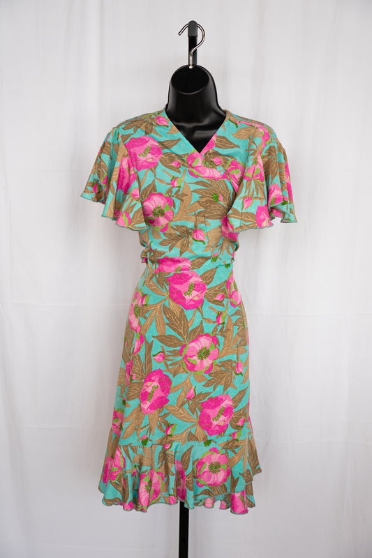 Cienna Silk Turquoise & Pink Short Ruffle Sleeve Tie-Waist Knee-Length Dress