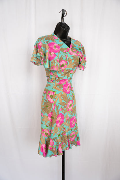 Cienna Silk Turquoise & Pink Short Ruffle Sleeve Tie-Waist Knee-Length Dress