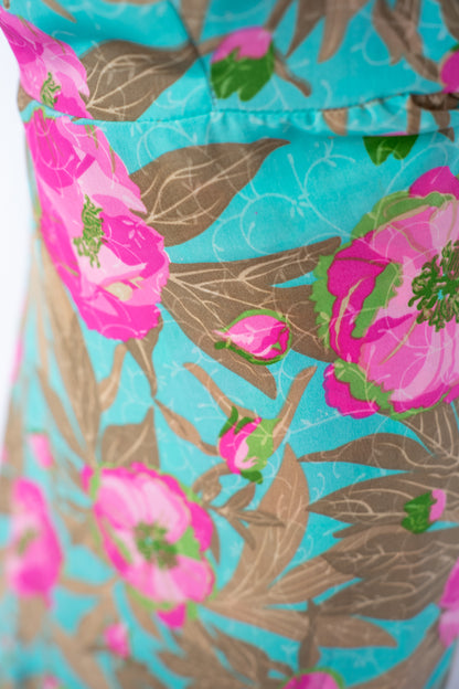 Cienna Silk Turquoise & Pink Short Ruffle Sleeve Tie-Waist Knee-Length Dress