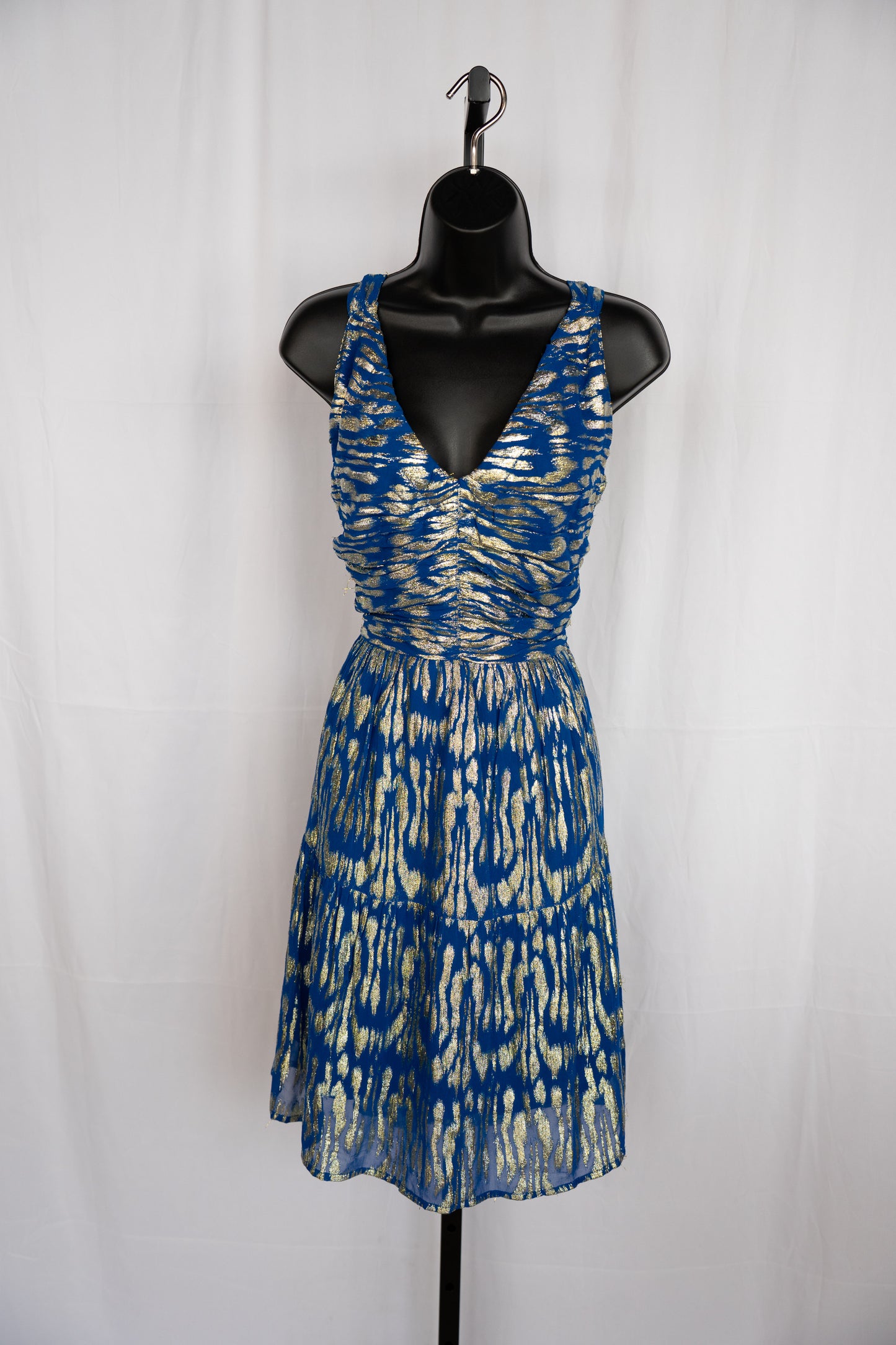 Ciebon Blue w Gold Sparkle Print Sleeveless Knee-Length Dress NWT
