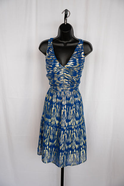 Ciebon Blue w Gold Sparkle Print Sleeveless Knee-Length Dress NWT