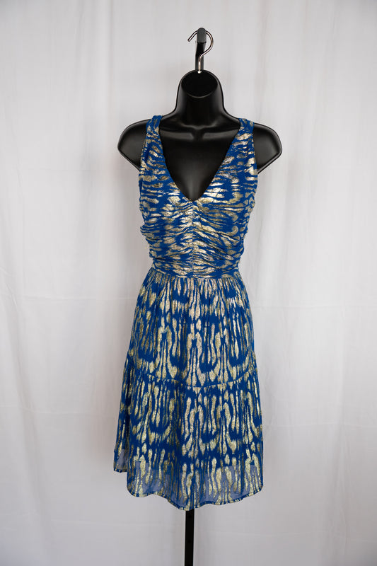 Ciebon Blue w Gold Sparkle Print Sleeveless Knee-Length Dress NWT