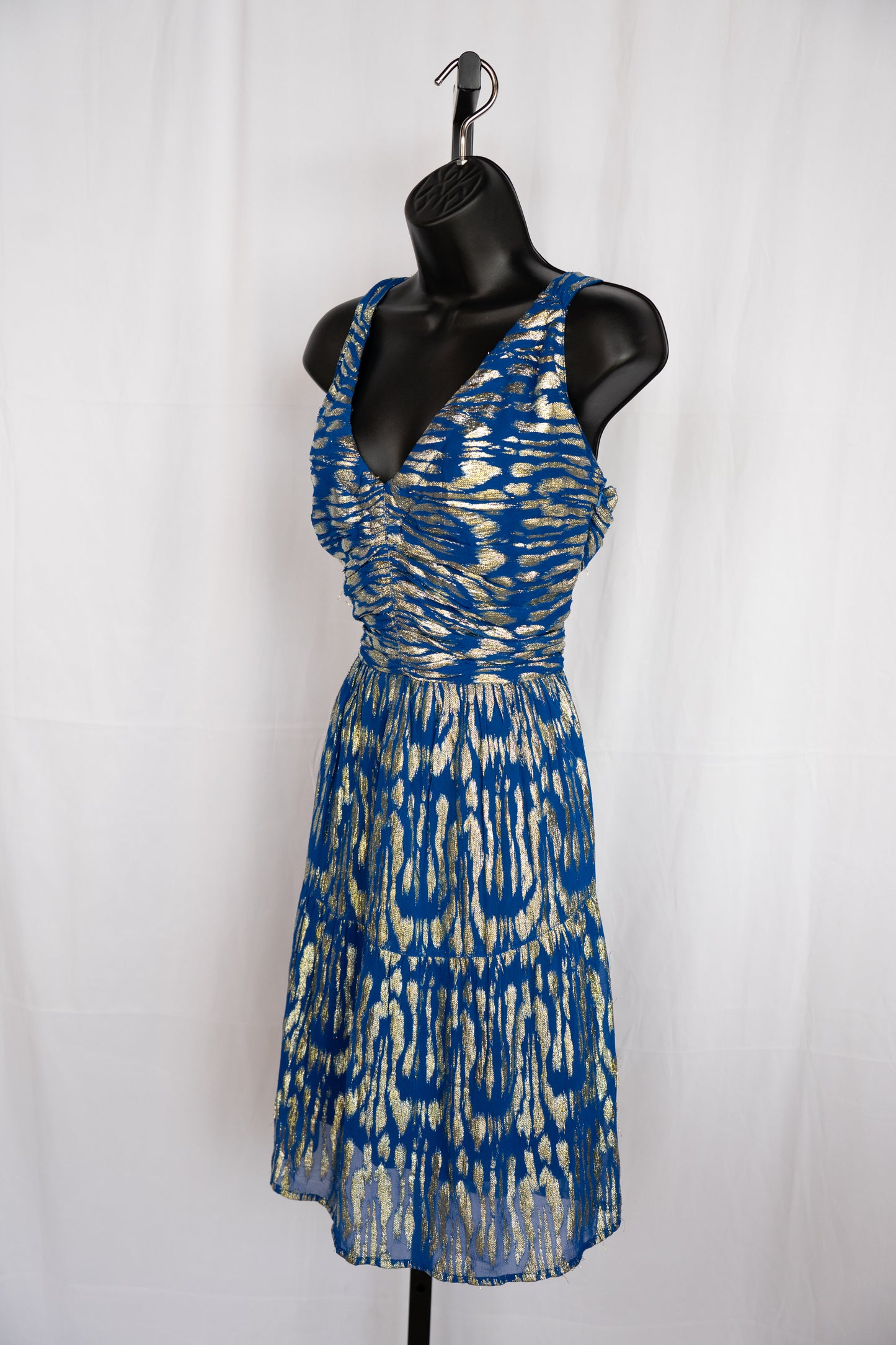 Ciebon Blue w Gold Sparkle Print Sleeveless Knee-Length Dress NWT
