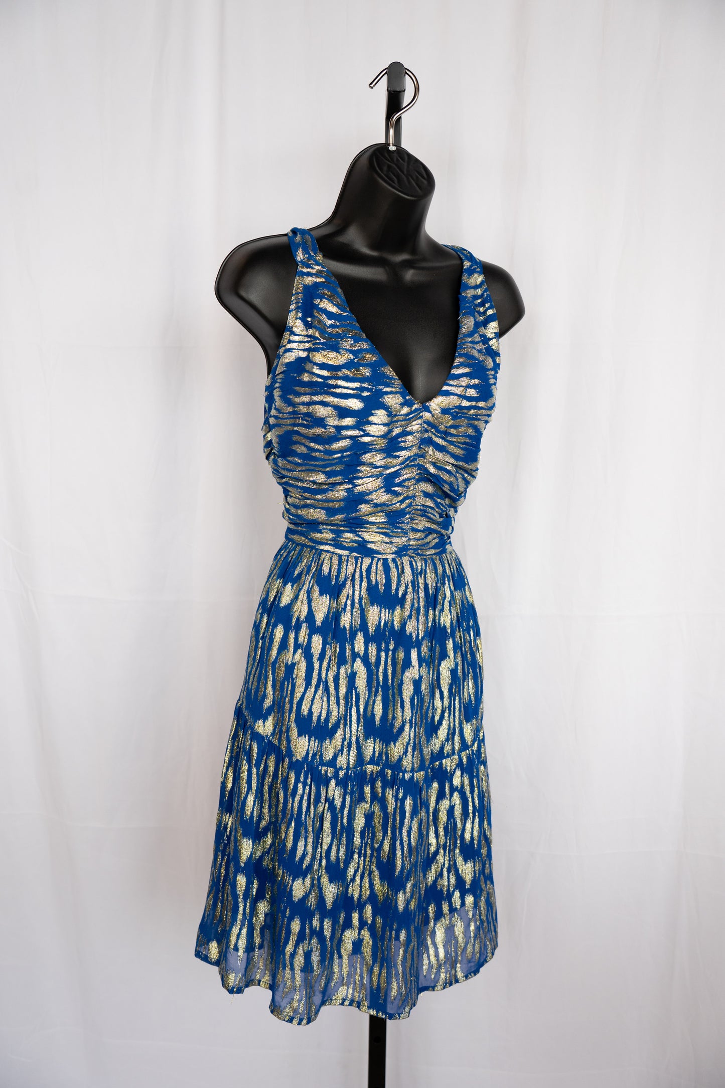 Ciebon Blue w Gold Sparkle Print Sleeveless Knee-Length Dress NWT
