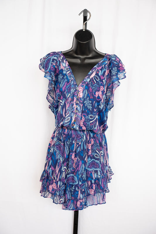 Ramy Brook Blue Purple Pink Print Cap Flutter Sleeve Smocked Button Knee-Length Dress