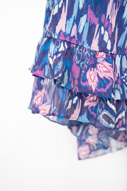 Ramy Brook Blue Purple Pink Print Cap Flutter Sleeve Smocked Button Knee-Length Dress