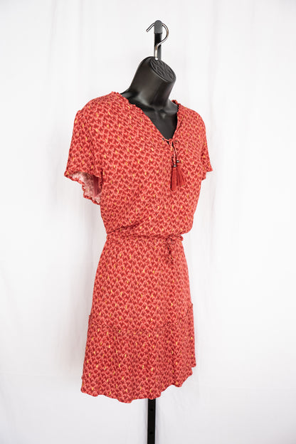 Paige Pink & Red Print Short-Sleeve Neck & Waist Tie Knee-Length Dress w Gold Specs