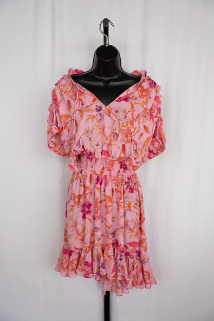 Misa Pink & Orange Floral Cap Sleeve w Ties Smocked Waist Mini Dress w Tie-Neck NWT