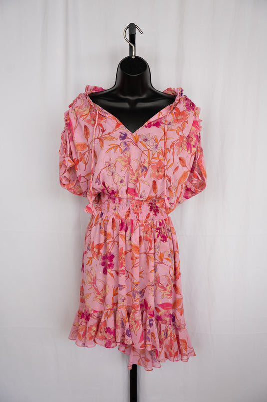 Misa Pink & Orange Floral Cap Sleeve w Ties Smocked Waist Mini Dress w Tie-Neck NWT