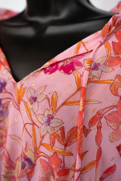 Misa Pink & Orange Floral Cap Sleeve w Ties Smocked Waist Mini Dress w Tie-Neck NWT
