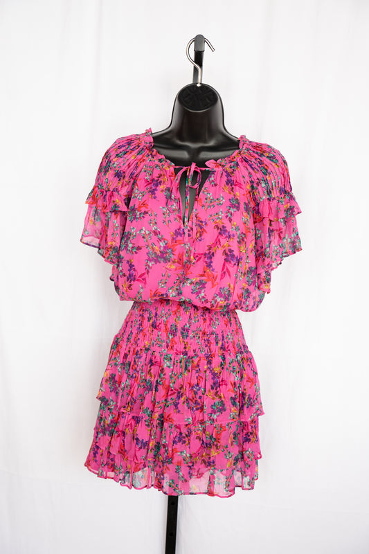 Gilner Farrar Pink w Multicolor Floral Short Flutter Sleeve Smocked Knee-Length Dress