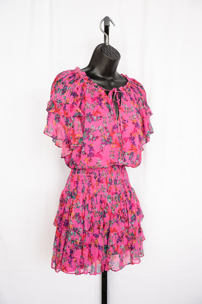 Gilner Farrar Pink w Multicolor Floral Short Flutter Sleeve Smocked Knee-Length Dress