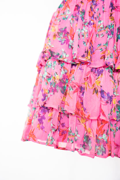 Gilner Farrar Pink w Multicolor Floral Short Flutter Sleeve Smocked Knee-Length Dress