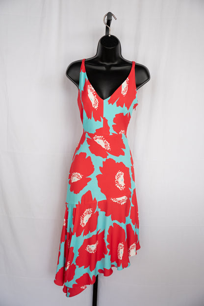 Milly Red & Blue Floral Print Asymmetrical Midi V-Neck Sleeveless Dress NWT