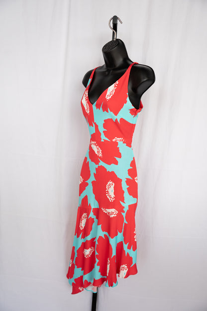 Milly Red & Blue Floral Print Asymmetrical Midi V-Neck Sleeveless Dress NWT
