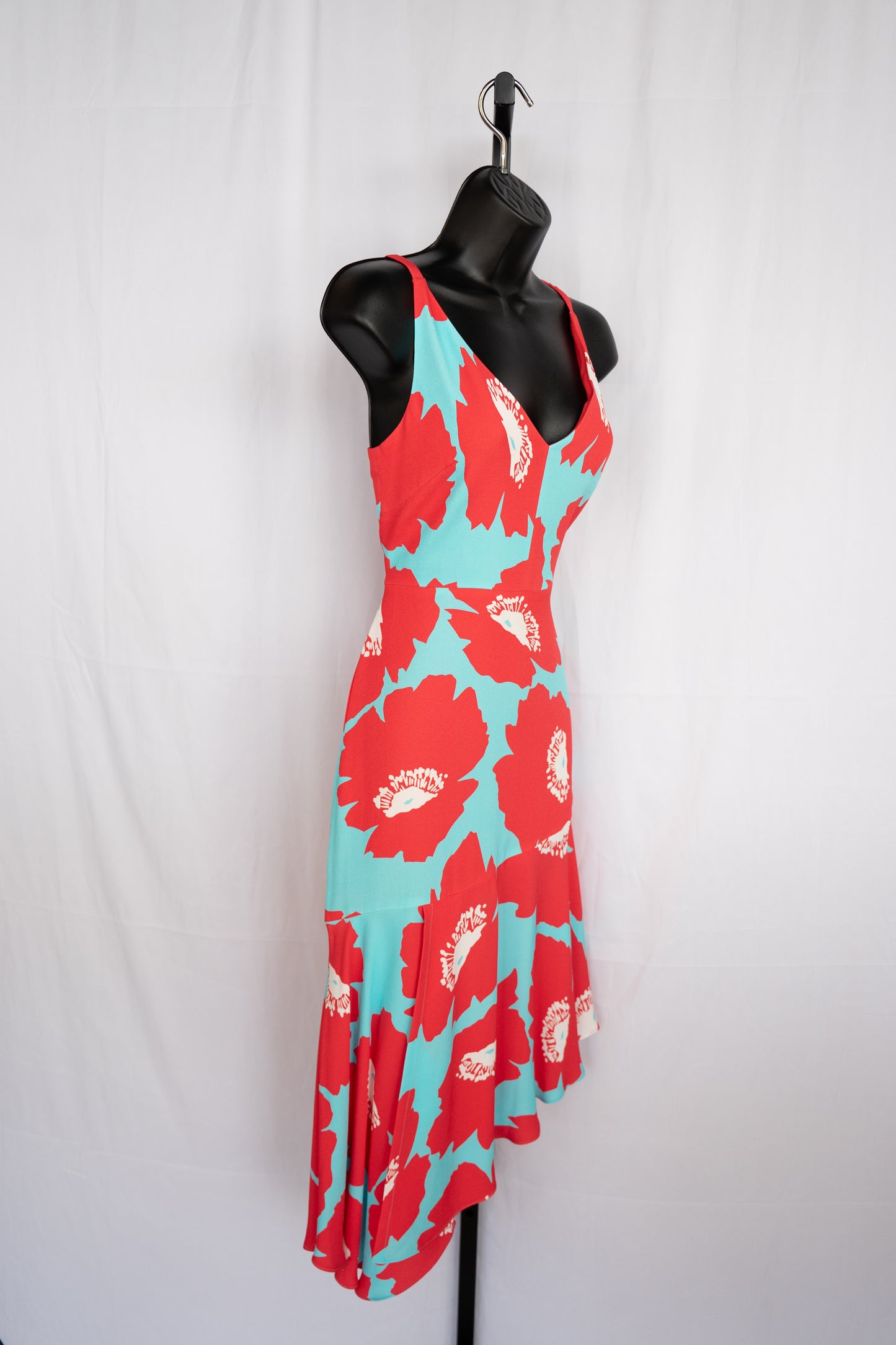 Milly Red & Blue Floral Print Asymmetrical Midi V-Neck Sleeveless Dress NWT