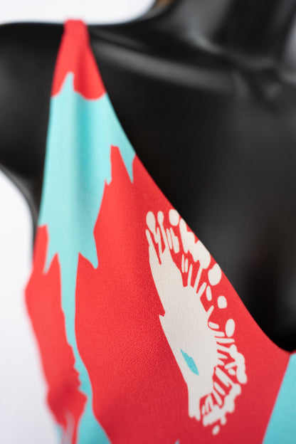 Milly Red & Blue Floral Print Asymmetrical Midi V-Neck Sleeveless Dress NWT