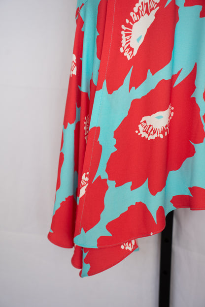 Milly Red & Blue Floral Print Asymmetrical Midi V-Neck Sleeveless Dress NWT