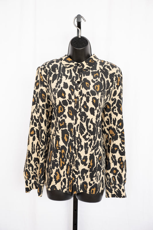 Diane Von Furstenberg Silk Brown & Black Leopard Print Long Sleeve Button Up Blouse
