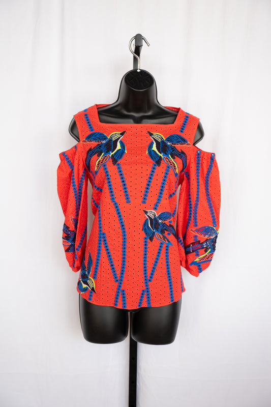 Tanya Taylor Red Eyelet Embroidered Cold Shoulder Top w/ Bird Details