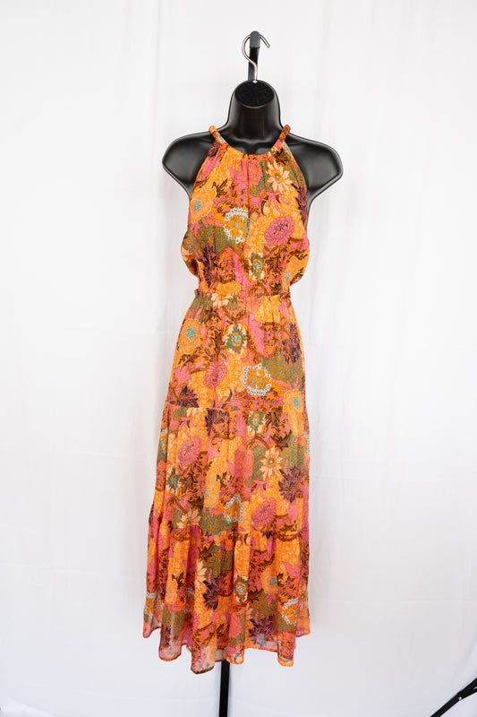 ALC Orange & Pink Floral Halter-Neck Smocked Waist Midi Dress NWT