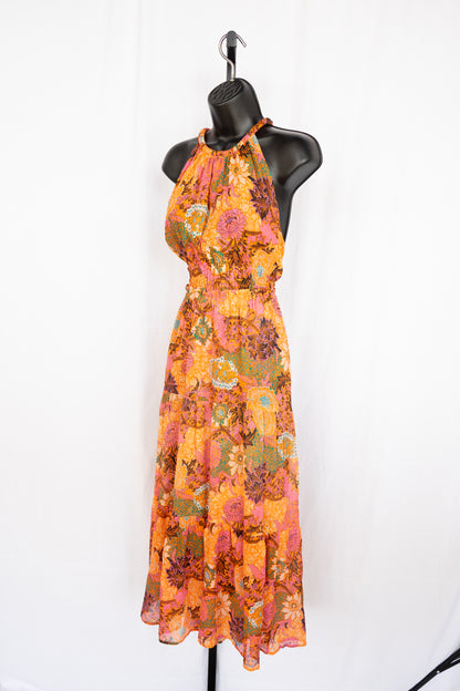 ALC Orange & Pink Floral Halter-Neck Smocked Waist Midi Dress NWT
