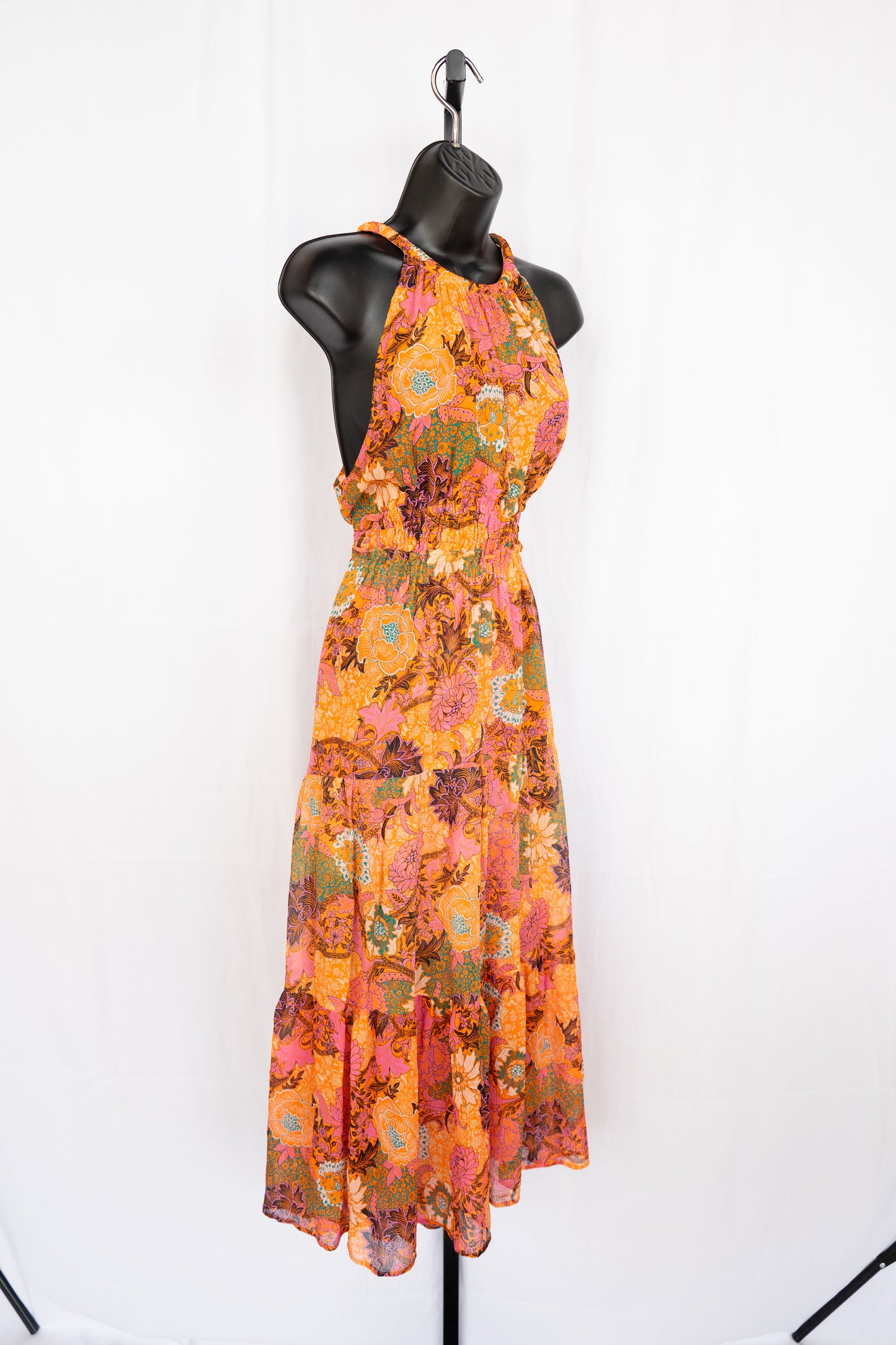 ALC Orange & Pink Floral Halter-Neck Smocked Waist Midi Dress NWT