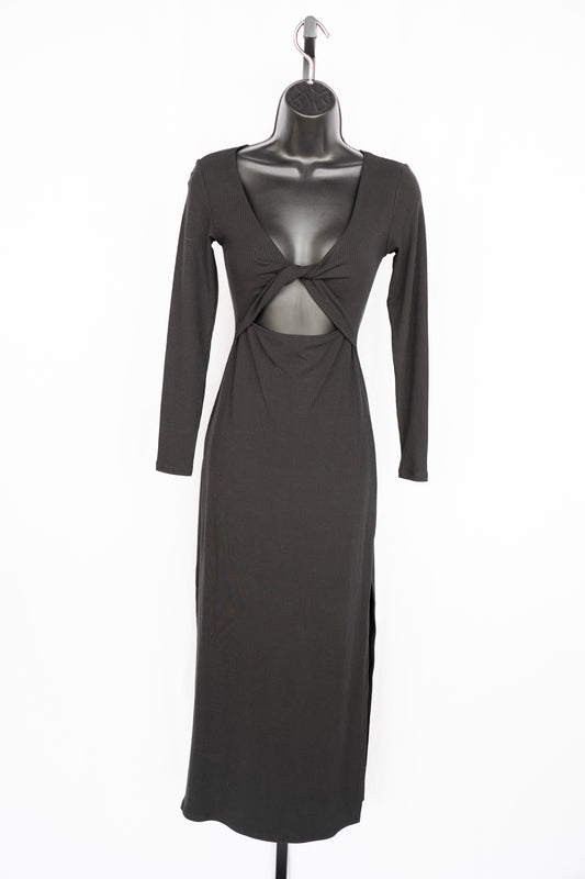 L Space Black Ribbed Long Sleeve Cut-Out Knot Detail Fitted Midi Dress