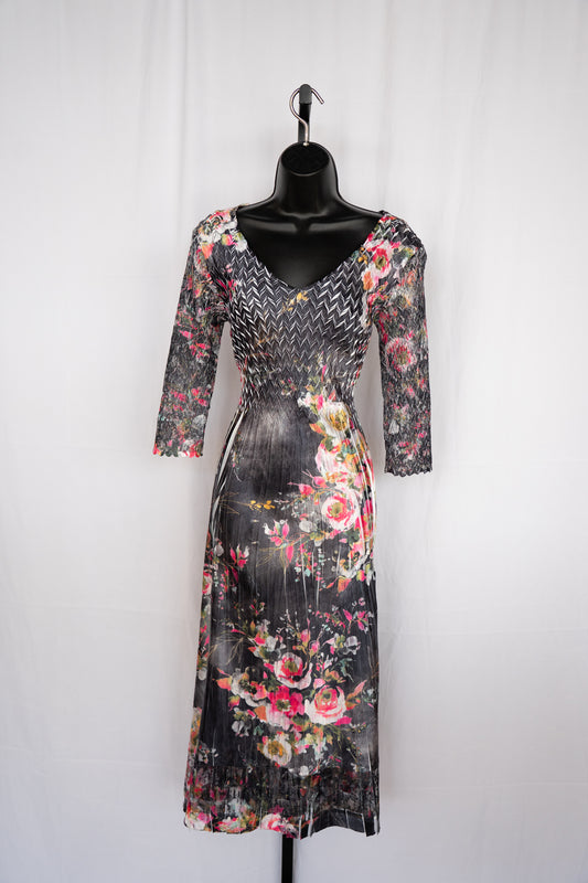 Komarov Black w Multicolor Floral 3/4 Sleeve Textured Full-Length Dress