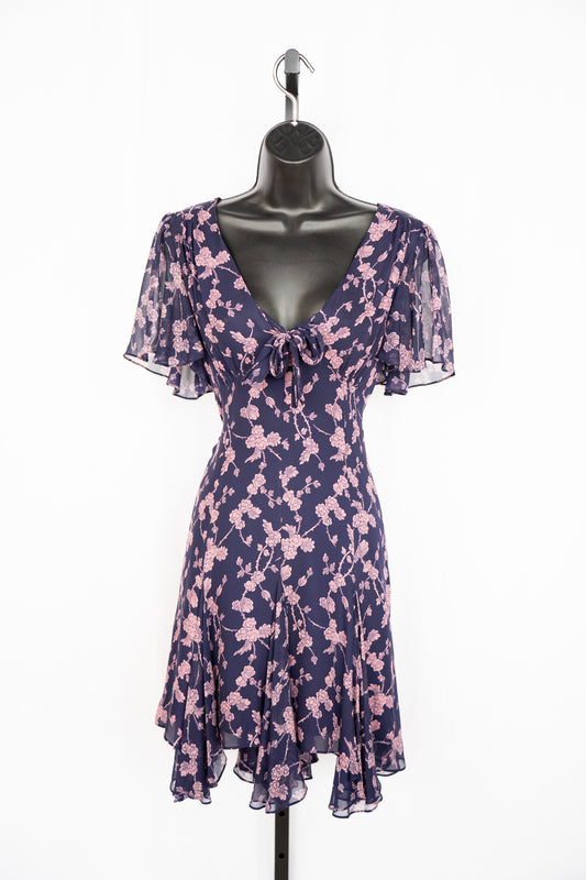 Cinq a Sept Silk Blue & Pink Floral Short Sleeve Chiffon Mini Dress