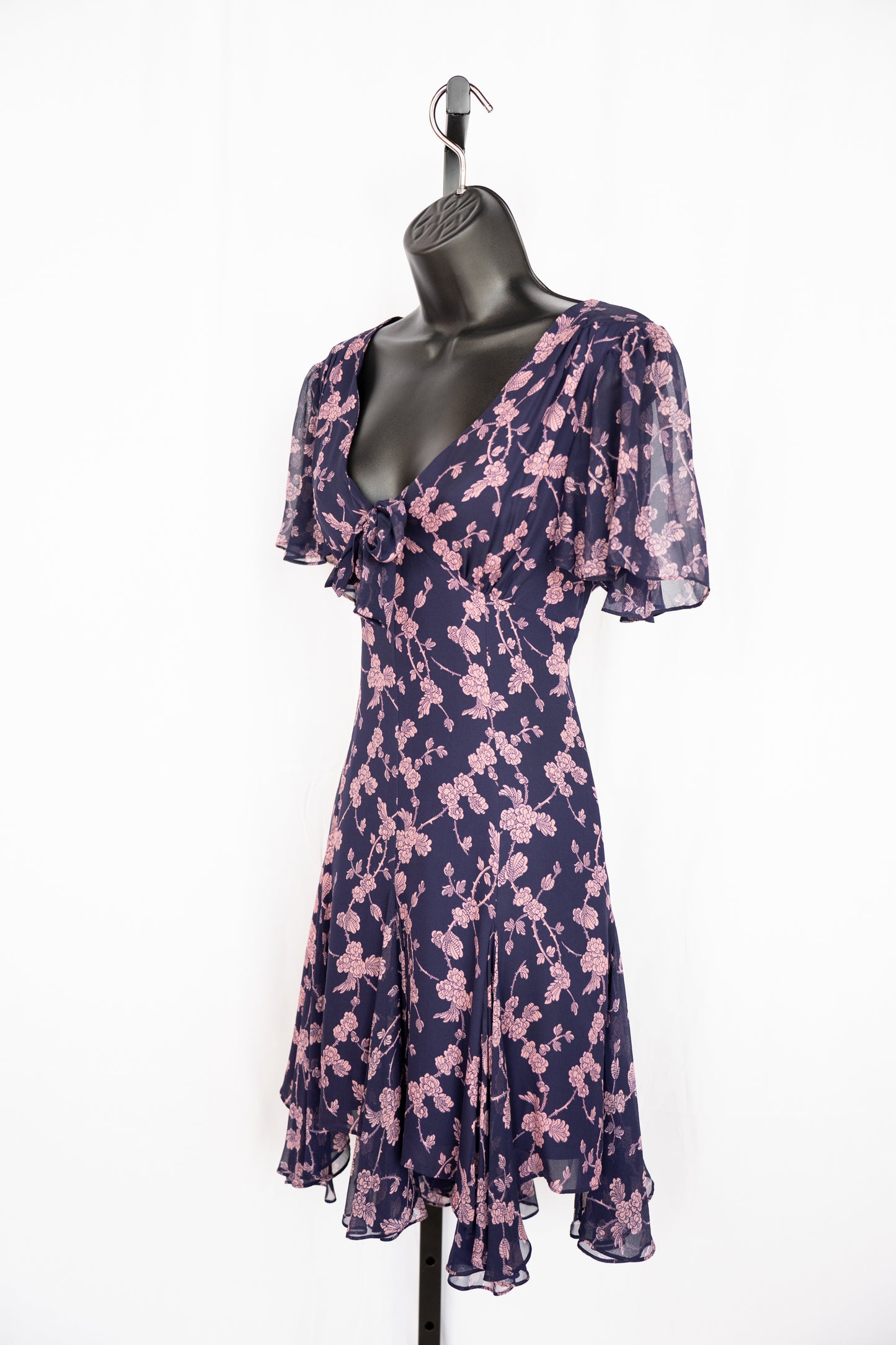 Cinq a Sept Silk Blue & Pink Floral Short Sleeve Chiffon Mini Dress