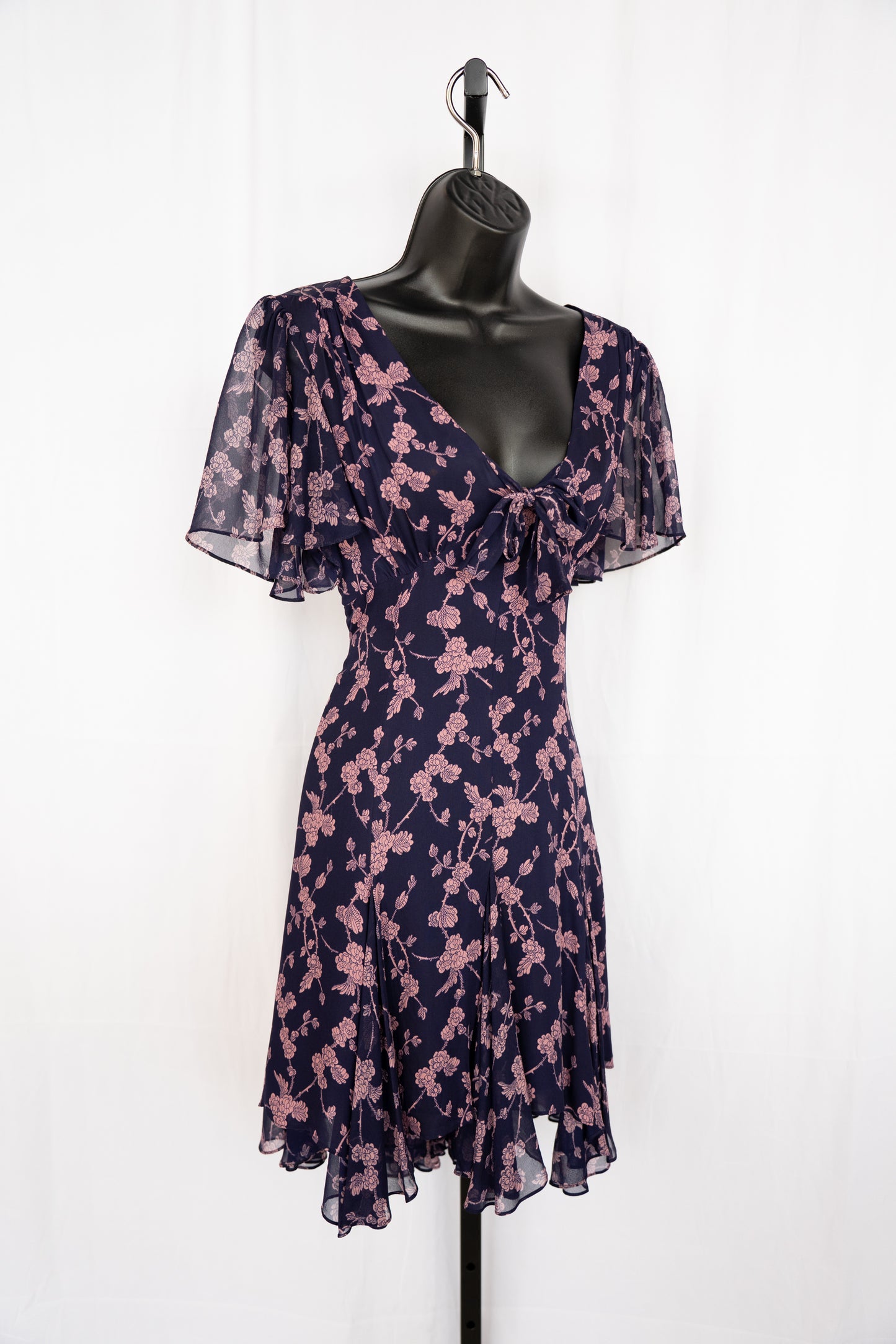 Cinq a Sept Silk Blue & Pink Floral Short Sleeve Chiffon Mini Dress