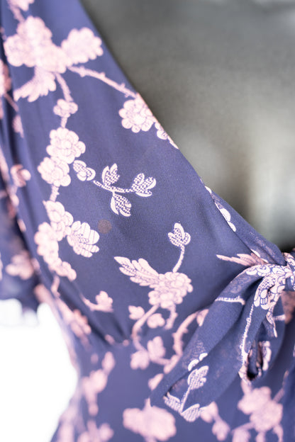 Cinq a Sept Silk Blue & Pink Floral Short Sleeve Chiffon Mini Dress