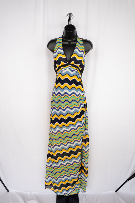 Ramy Brook Blue Green Yellow Wave Print Halter-Neck Maxi Dress NWT