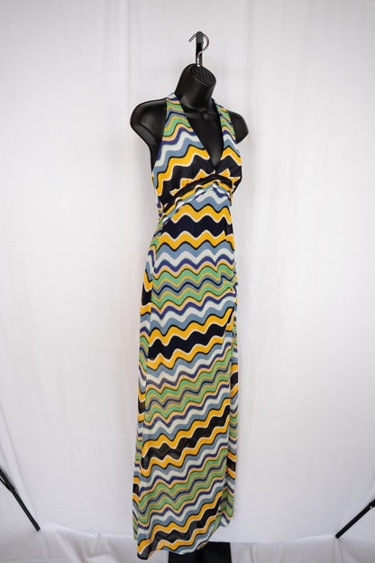 Ramy Brook Blue Green Yellow Wave Print Halter-Neck Maxi Dress NWT