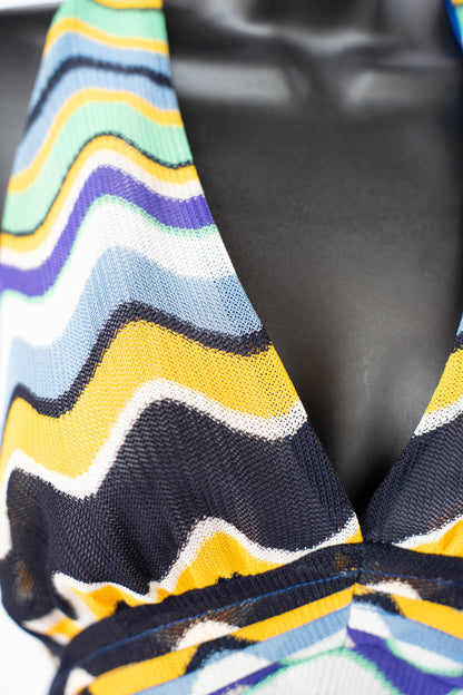 Ramy Brook Blue Green Yellow Wave Print Halter-Neck Maxi Dress NWT