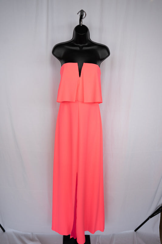 Marina Neon Pink Strapless Padded Ruffle Neck Maxi Dress