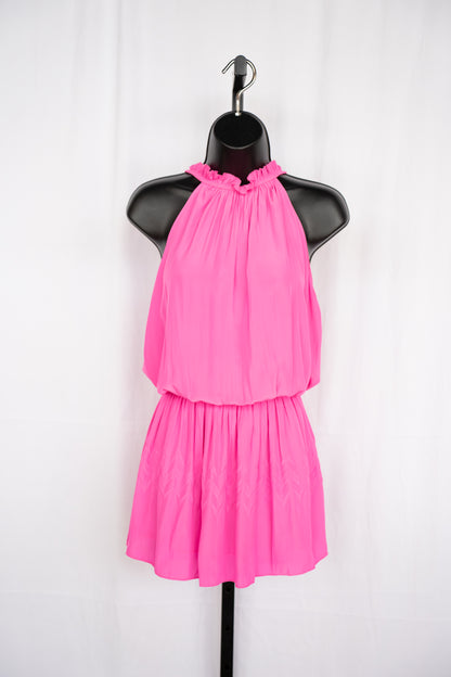 Ramy Brook Silk Hot Pink Halter-Neck Smocked Mini Dress w Zig-Zag Detail