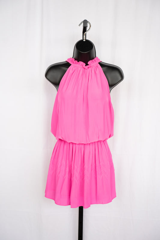 Ramy Brook Silk Hot Pink Halter-Neck Smocked Mini Dress w Zig-Zag Detail
