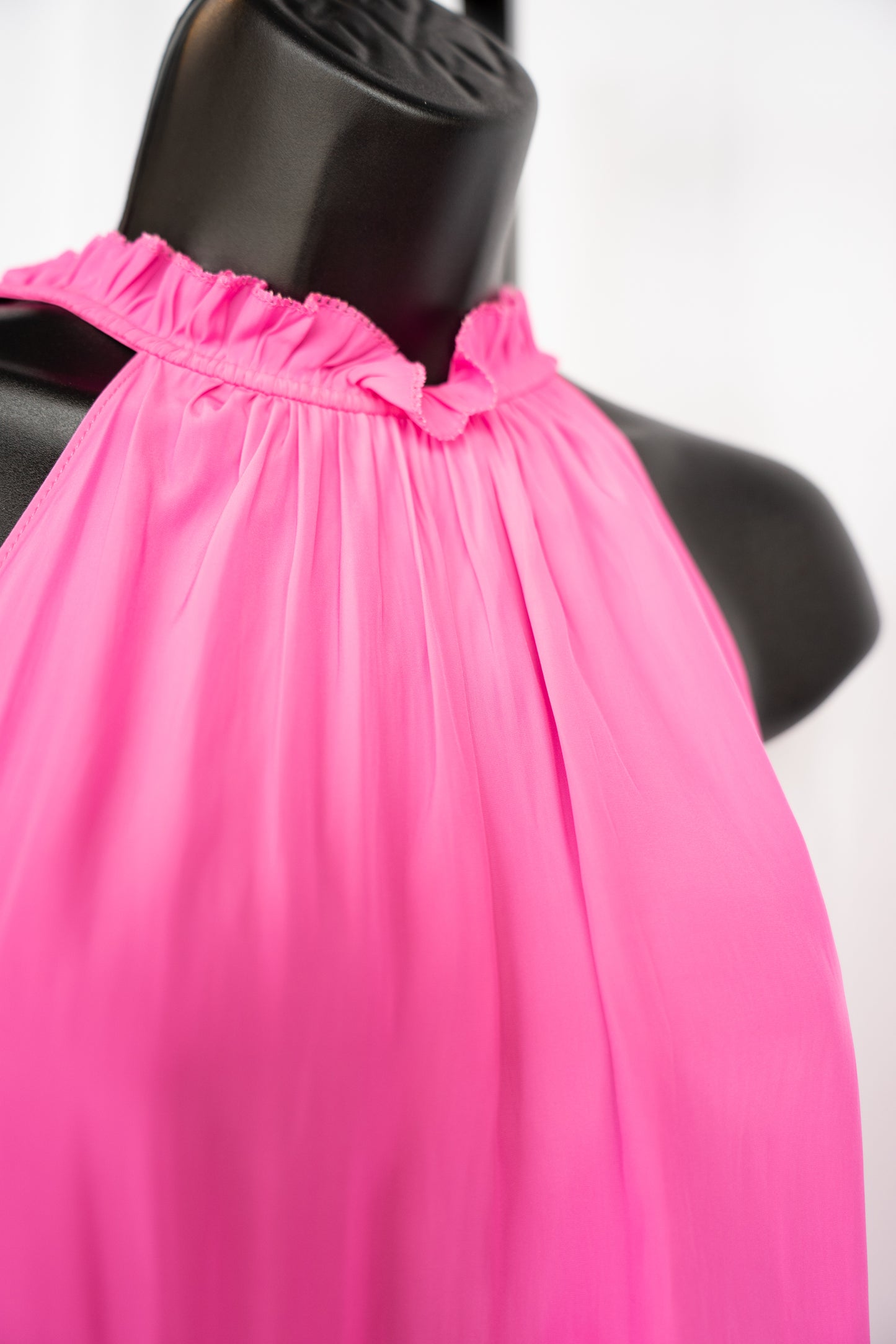 Ramy Brook Silk Hot Pink Halter-Neck Smocked Mini Dress w Zig-Zag Detail